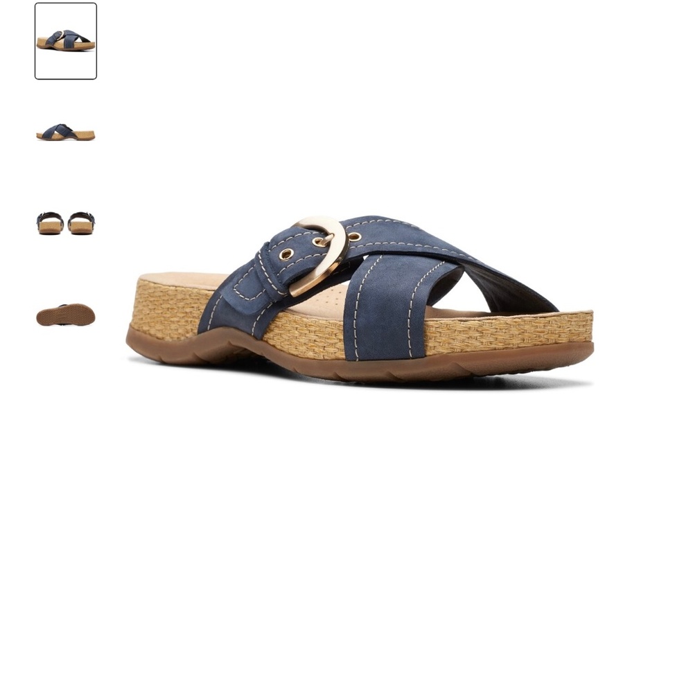 CLARK’s Reileigh May Leather Sandal in Navy Nubuck. Size: 8 New (Sale $40)
